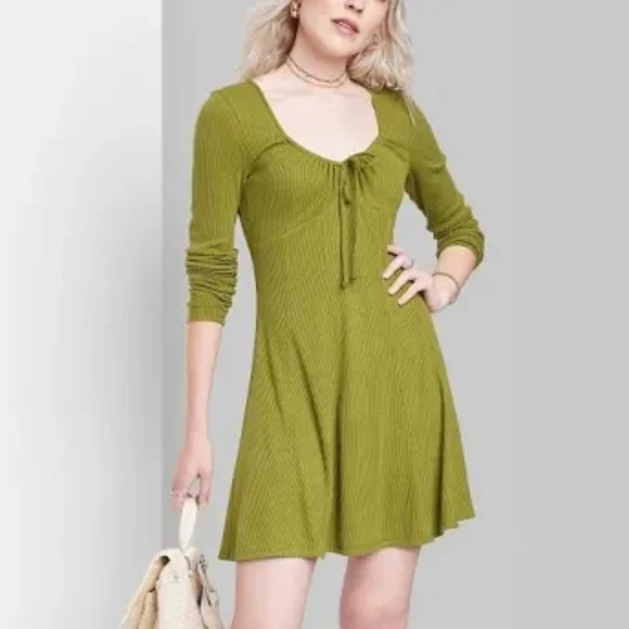 Women's Long Sleeve Cozy Knit Fit & Flare Dress - Wild Fable Green S